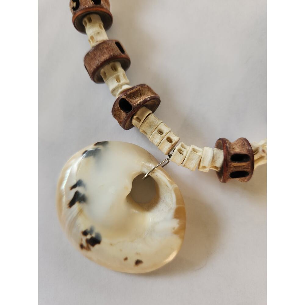 Natural Shell Bead Necklace Donut Pendant Wood Accent Coastal Statement - Picture 2 of 5